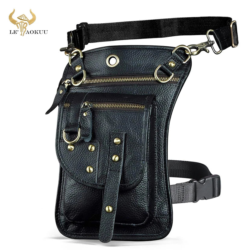 Original Leather Multifunction Men Travel Shoulder Crossbody Messenger Bag Hook Belt Waist Pack Drop Leg Phone Case Bag Black
