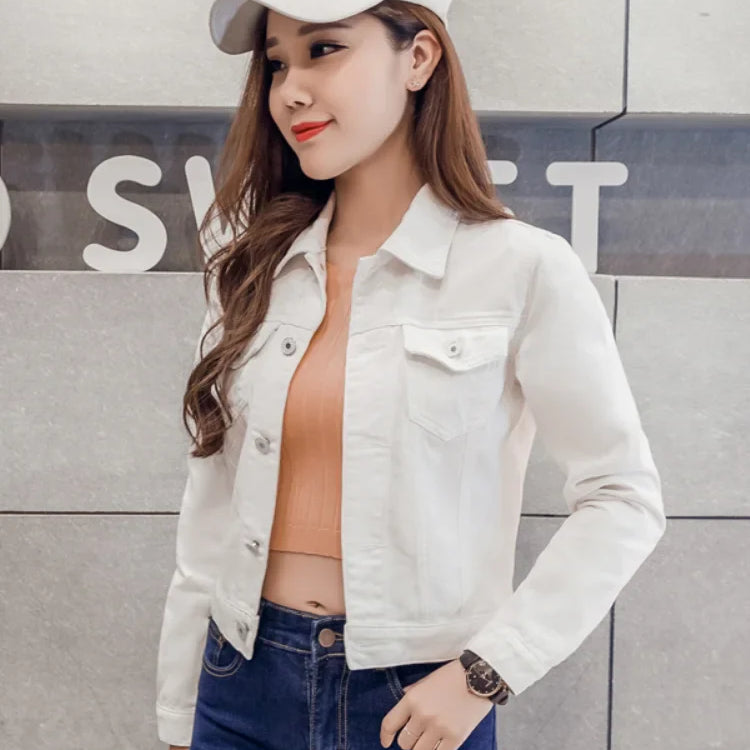 New Long Sleeve winter Slim White Black Jeans Top For Women Solid Denim Jacket Women Short Overcoat Ladies Jackets Tops WHITE