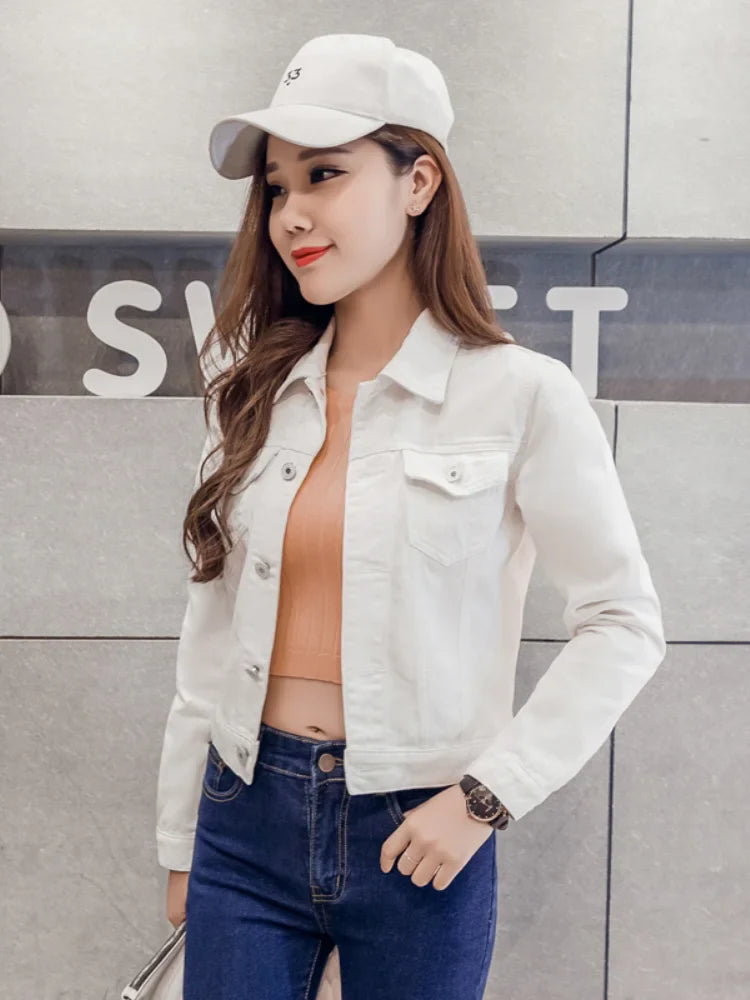 New Long Sleeve winter Slim White Black Jeans Top For Women Solid Denim Jacket Women Short Overcoat Ladies Jackets Tops WHITE