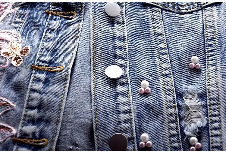 Student Vest Slim Short Jacket Embroidery Flowers Sleeveless Denim Vest Women's Beaded Waistcoat Hole Jeans Vest Coat Girl