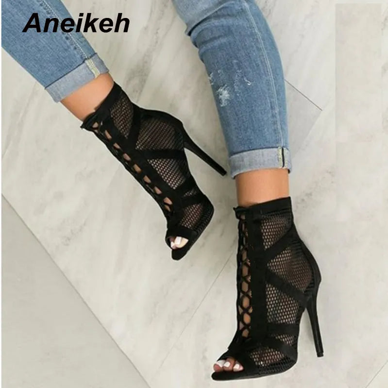 Fashion Basic Sandals Boots Women High Heels Pumps Sexy Hollow Out Mesh Lace-Up Cross-tied Boots Party Shoes 35-42