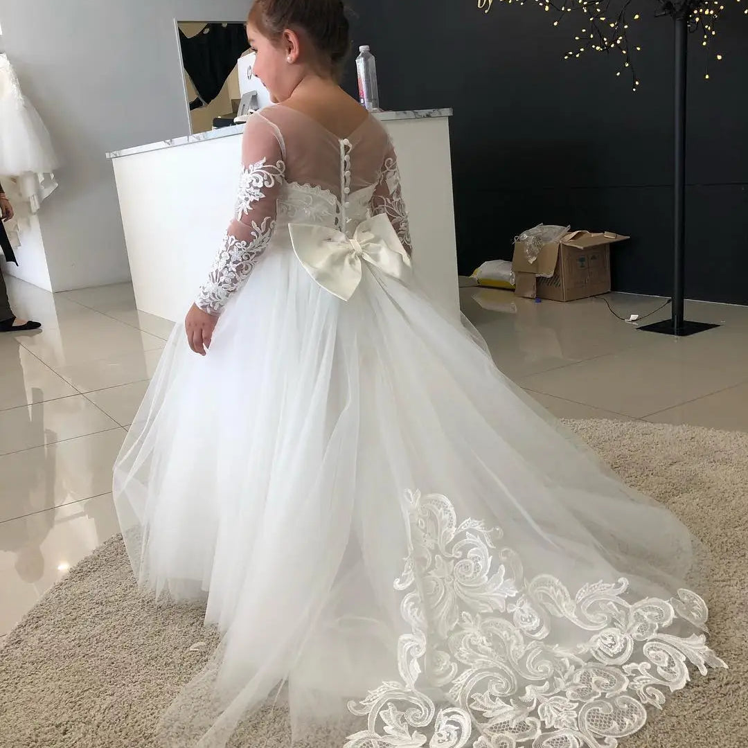 2-14 Years Lace Tulle Flower Girls Dress Princess for Kid Child Wedding Party Junior bridesmaid Maxi Ball Gown Evening