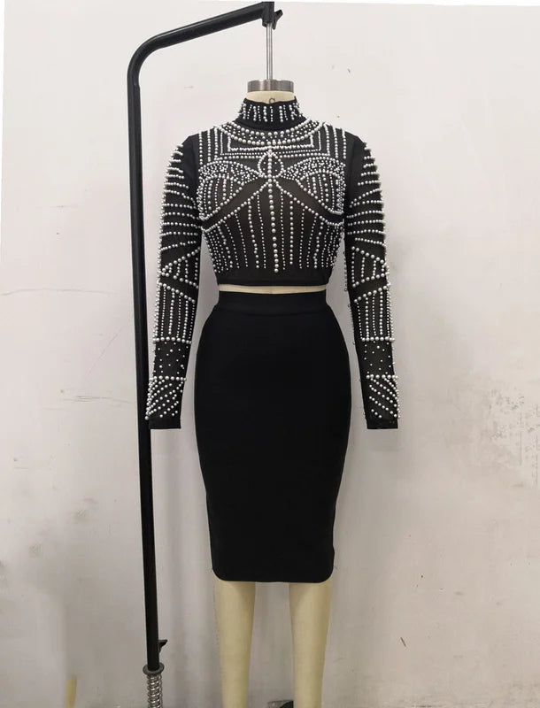 Conjunto de duas peças com pérolas pretas e miçangas, conjunto de bandagem de rayon, roupa de festa de clube