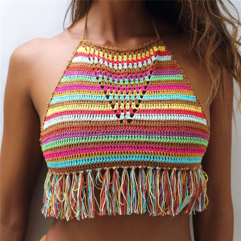 Handmade Crochet Colours Stripes in the Holi Top Sexy Bikini Top Beach Women Tassel Swimwear Top