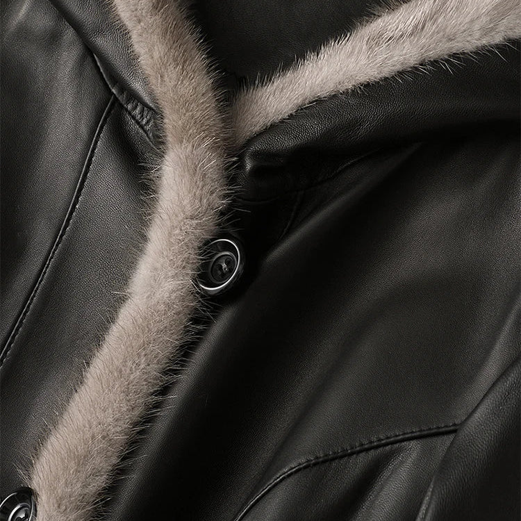 Winter Long Warm Thick Black Leather Coat Women with Fur Inside Elegant Luxury Faux Fur Lined Jacket Parka Fashion 2021