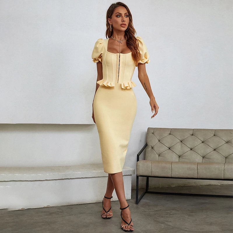 Arrival Women Autumn Sexy Short Sleeve Zipper Yellow Midi Bodycon Bandage Dress 2021 Elegant Evening Party Dress Vestido