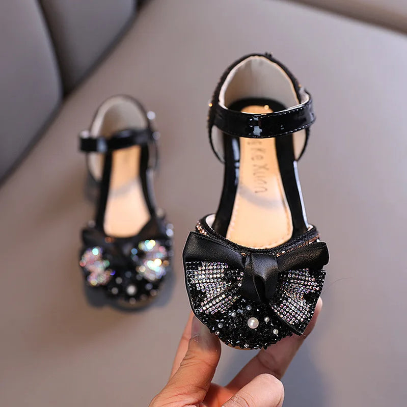 Children Leather Shoes Rhinestone Bow Princess Girls Party Dance Shoes Baby Student Flats Kids Performance Shoes 2299black