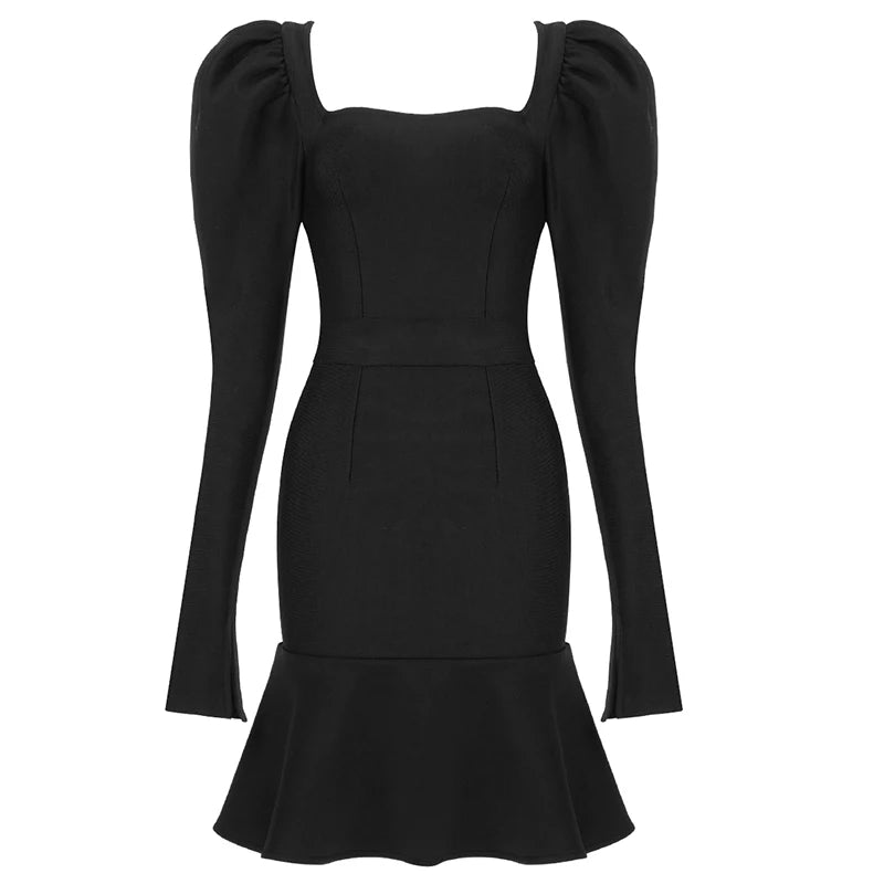 Women Winter Sexy Long Sleeve Square Collar Black Pleated Mini Bodycon Bandage Dress 2021 Elegant Evening Party Dress Vestidos