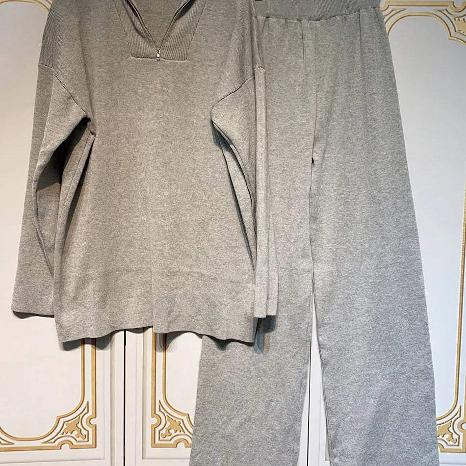 2024 Casual Autumn Loose Knit Sweater Set Fashion Zip Lapel Long Sleeve Pullover Sweater & Straight Pants Two-piece Set