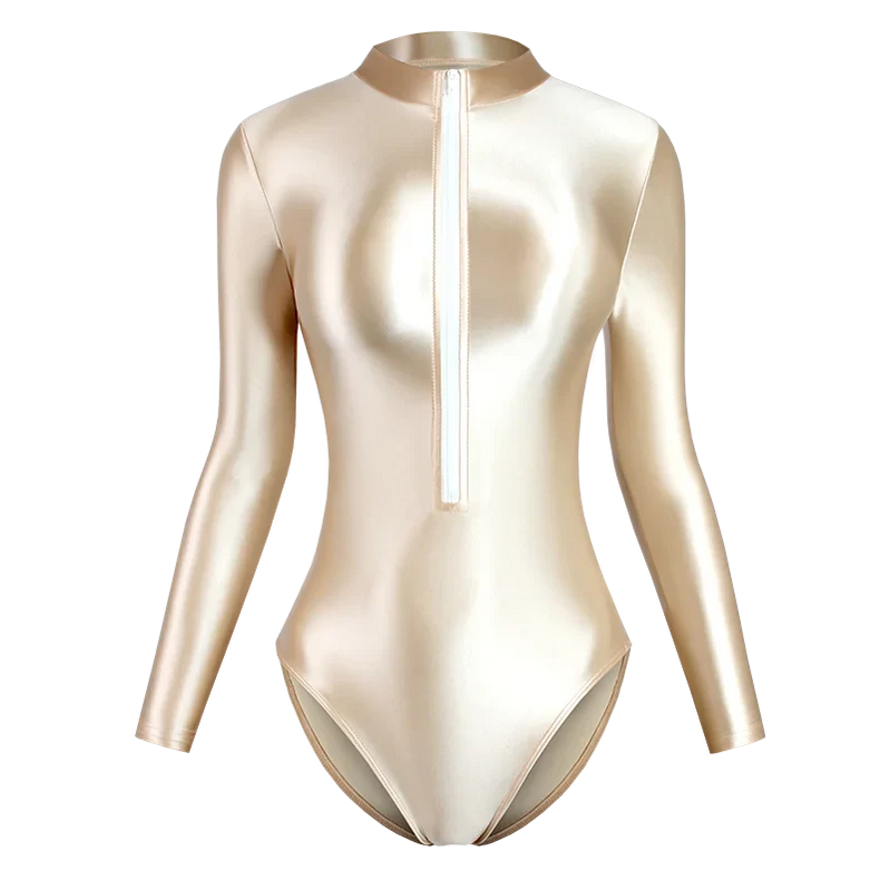 Satin Shiny Japanese Women's Sexy Body Suits Front Zipper Long Sleeve Tight Glossy Silky High Cut One Piece Swimsuit Plus Size Khaki