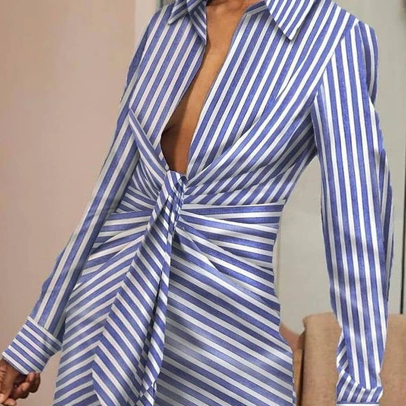 Women Elegant Turn-Down Collar Folds Party Dress Casual Striped Ladies Mini Shirt Dresses Autumn Long Sleeve Slim Fit Vestidos