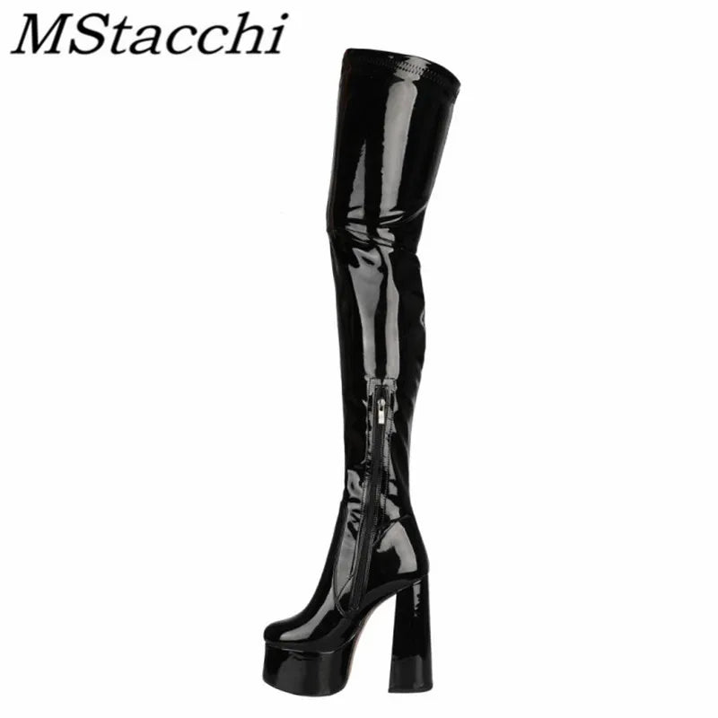 Nightclub Women Thigh High Boots Glisten Patent Leather High Platform Boots Sexy Solid Color High Heels Shoes Women's High Boots