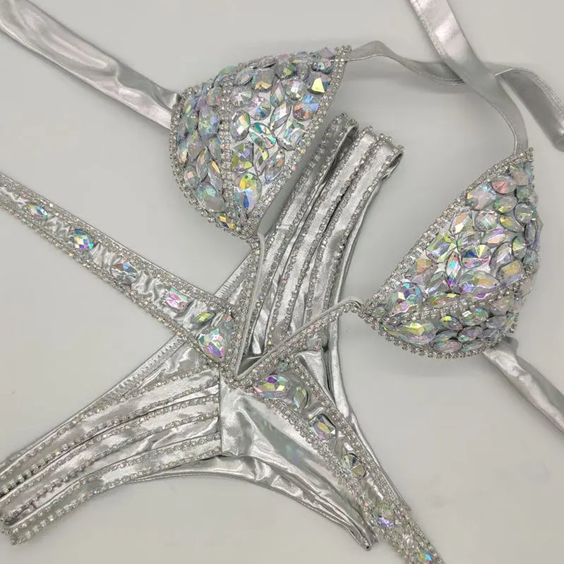 2020 venus vacation V collar rhinestone swimwear daimond bikini set push up swimsuit bling stones bathing suit Silver