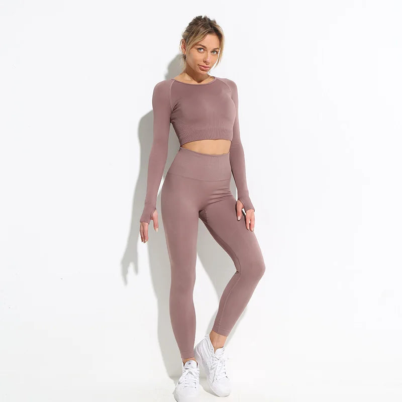 2pcs seamless hyperflex workout sport outfits for women sportswear athletic clothes gym Long Sleeve Crop Top High Waist Leggings Shirts Pants brown