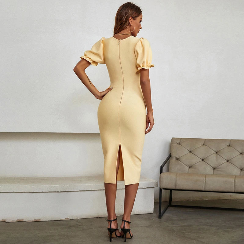 Arrival Women Autumn Sexy Short Sleeve Zipper Yellow Midi Bodycon Bandage Dress 2021 Elegant Evening Party Dress Vestido