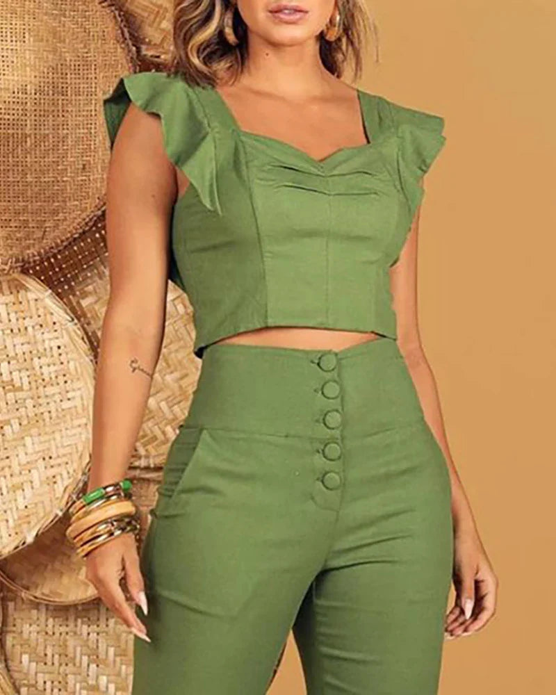 Autumn Women Eyelet Flutter Sleeve Zip Back Top & Buttoned High Waist Pants Set Women Summer Outfits 2023