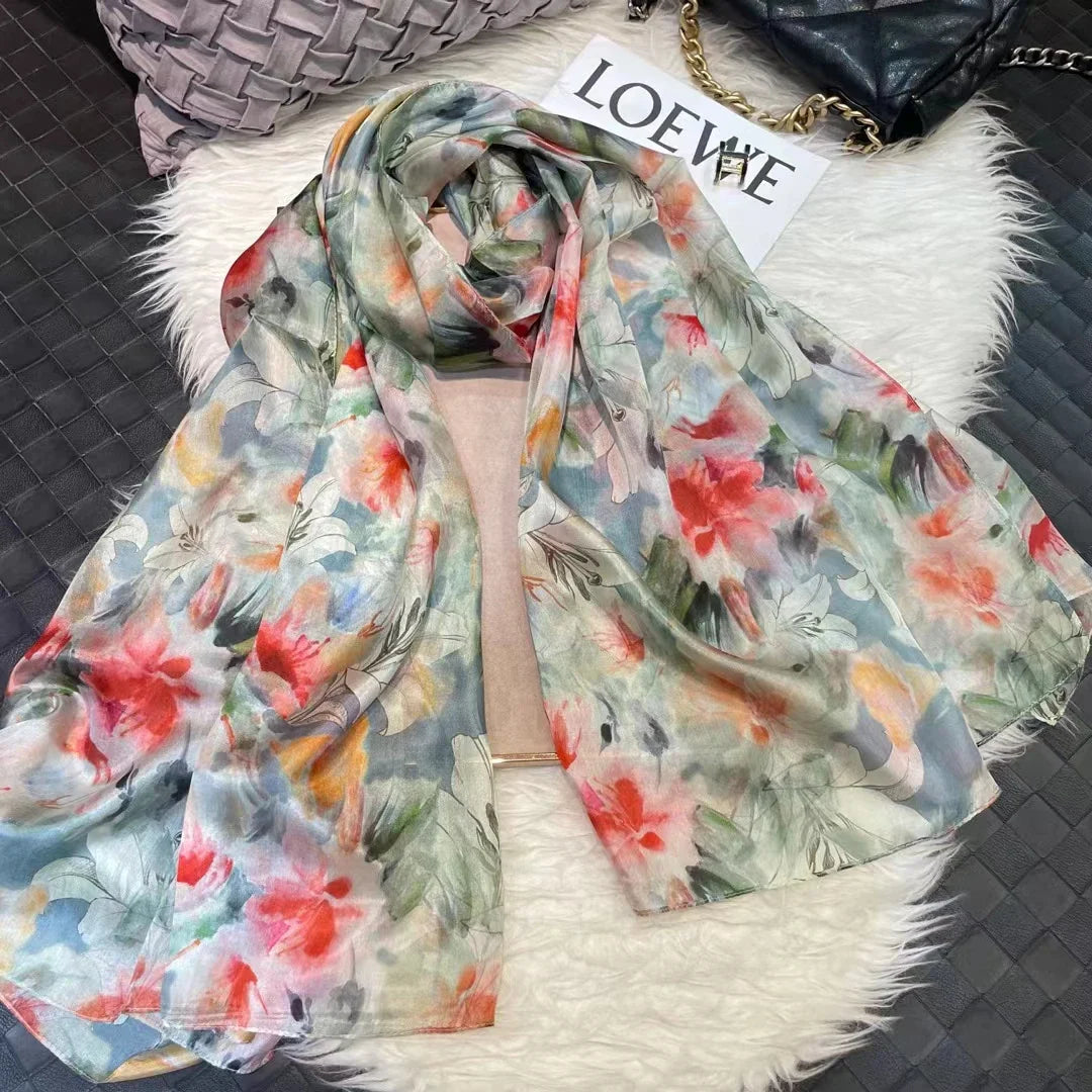 white100% Silk Scarf Women Scarves Bufandas Summer Beach Shawls Foulard Fall Winter Brand Flower Design Long Neck Scarves Hijabs grey pink