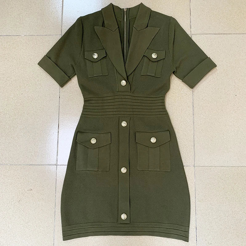 HIGH QUALITY Newest Designer Runway Fashion Women's Short Sleeve Notched Collar Lion Buttons Knitted Dress army green
