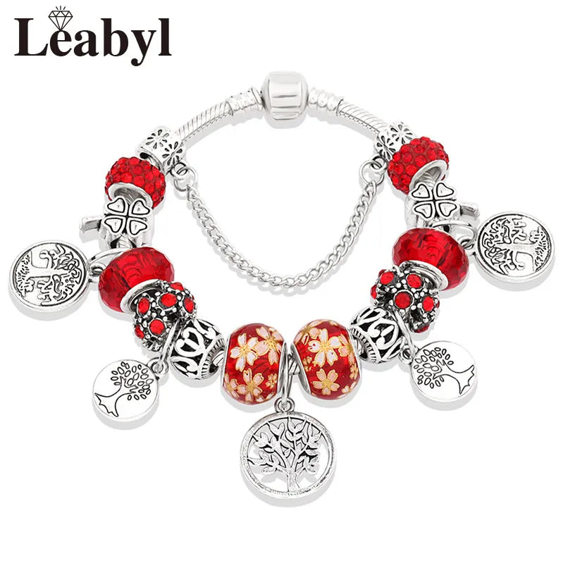 Silver Color Tree of Life Fashion Bead Bracelets Green Leaf Floral Crystal Charm Bracelet & Bangle Pulsera Jewelry L80829 Red