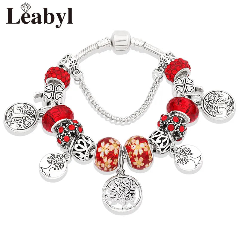 Silver Color Tree of Life Fashion Bead Bracelets Green Leaf Floral Crystal Charm Bracelet & Bangle Pulsera Jewelry L80829 Red