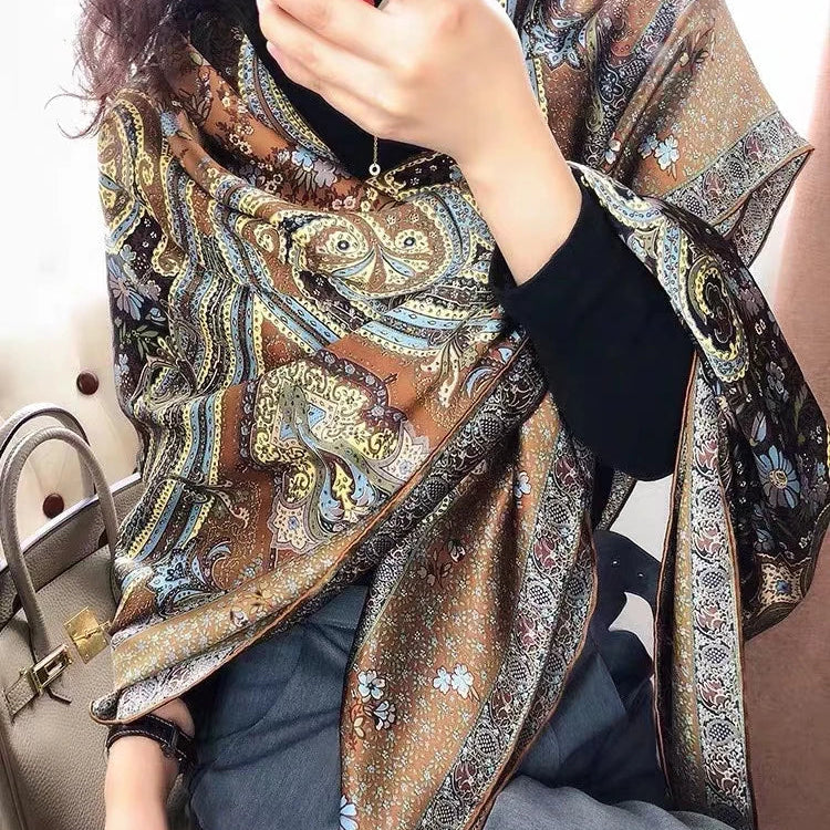 Coffee Gold 100% Mulberry Silk Women's Scarf Bandana Fashion Plaisley Style Square Scarves Hijabs Winter Brand Headscarf Foulard