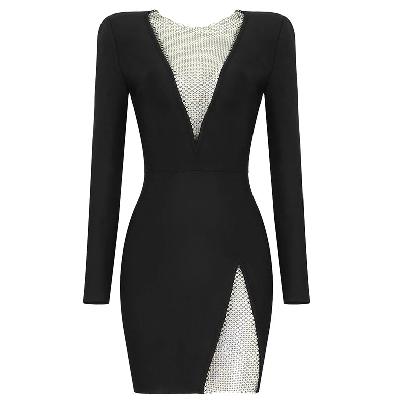 Winter Women Black Beading Long Sleeve Rayon Bandage Sexy Hollow Out Mini Club Celebrity Runway Party Dress