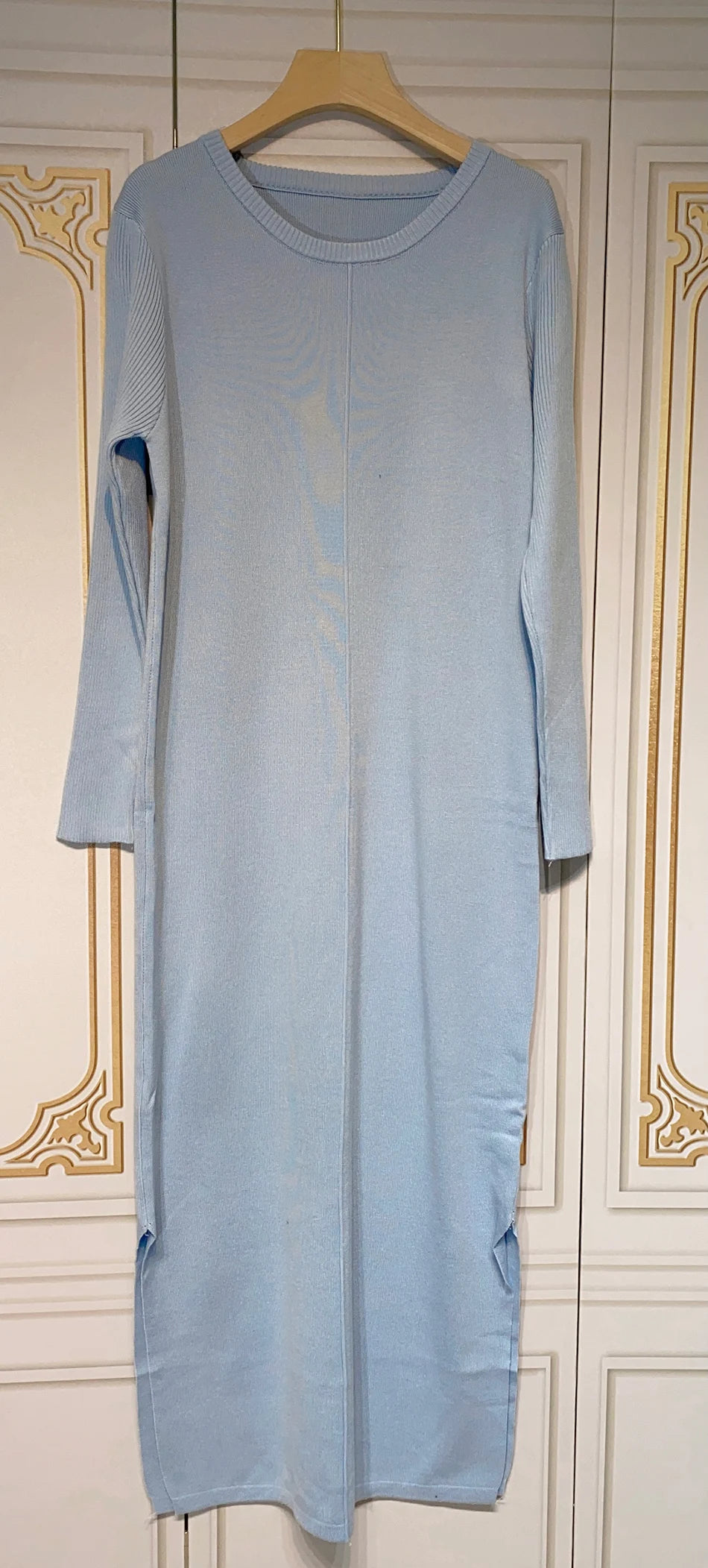 2024 Casual Midi Knit Dress Women's O-neck Long Sleeve Split Straight Dresses 2023 New Autumn Pure Color Knit Vestidos