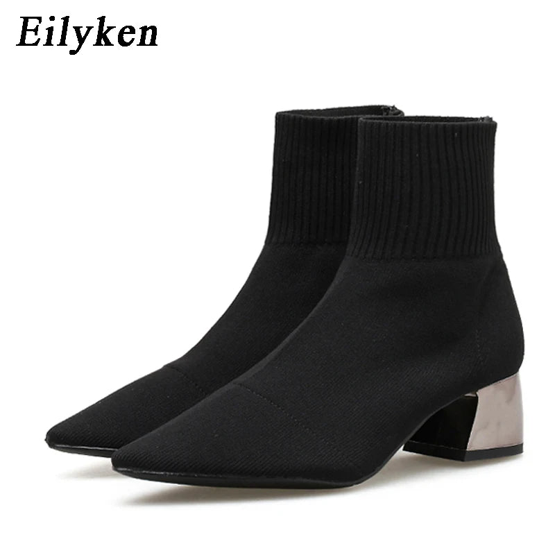 Fashion Knitted Stretch Fabric Sewing Women Ankle Boots Square Heels Winter Pointed Toe Ladies Sock Booties Black