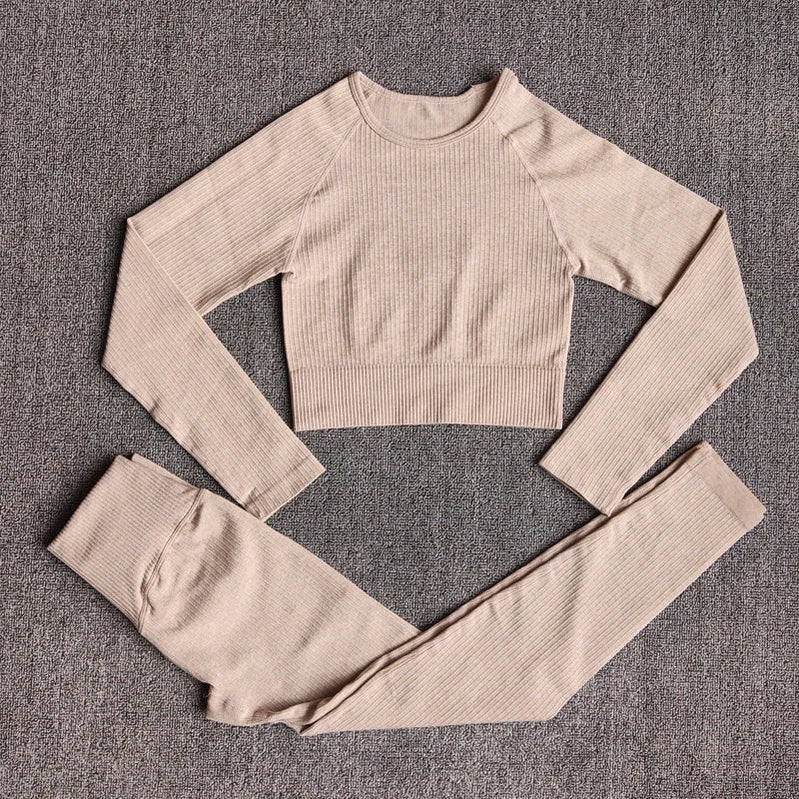 Women's Sportswear Yoga Set Workout Clothes Athletic Wear Sports Gym Legging Seamless Fitness Bra Crop Top Long Sleeve Yoga Suit ShirtsPantsKhaki