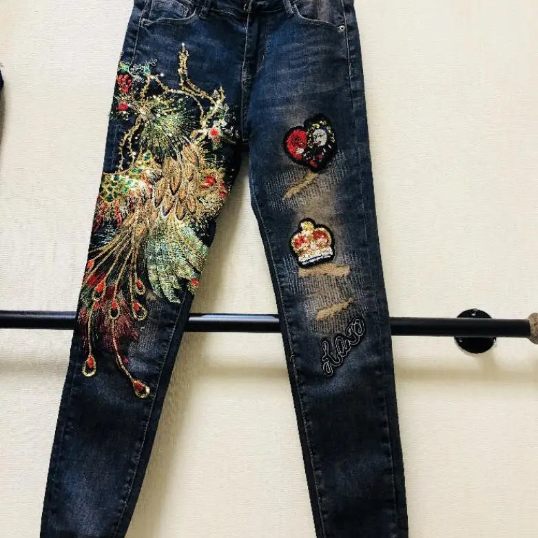 Women's Korean Fashion high waist phoenix embroidery Jeans Female Sexy Jeans Plus Size slim denim pants TB509