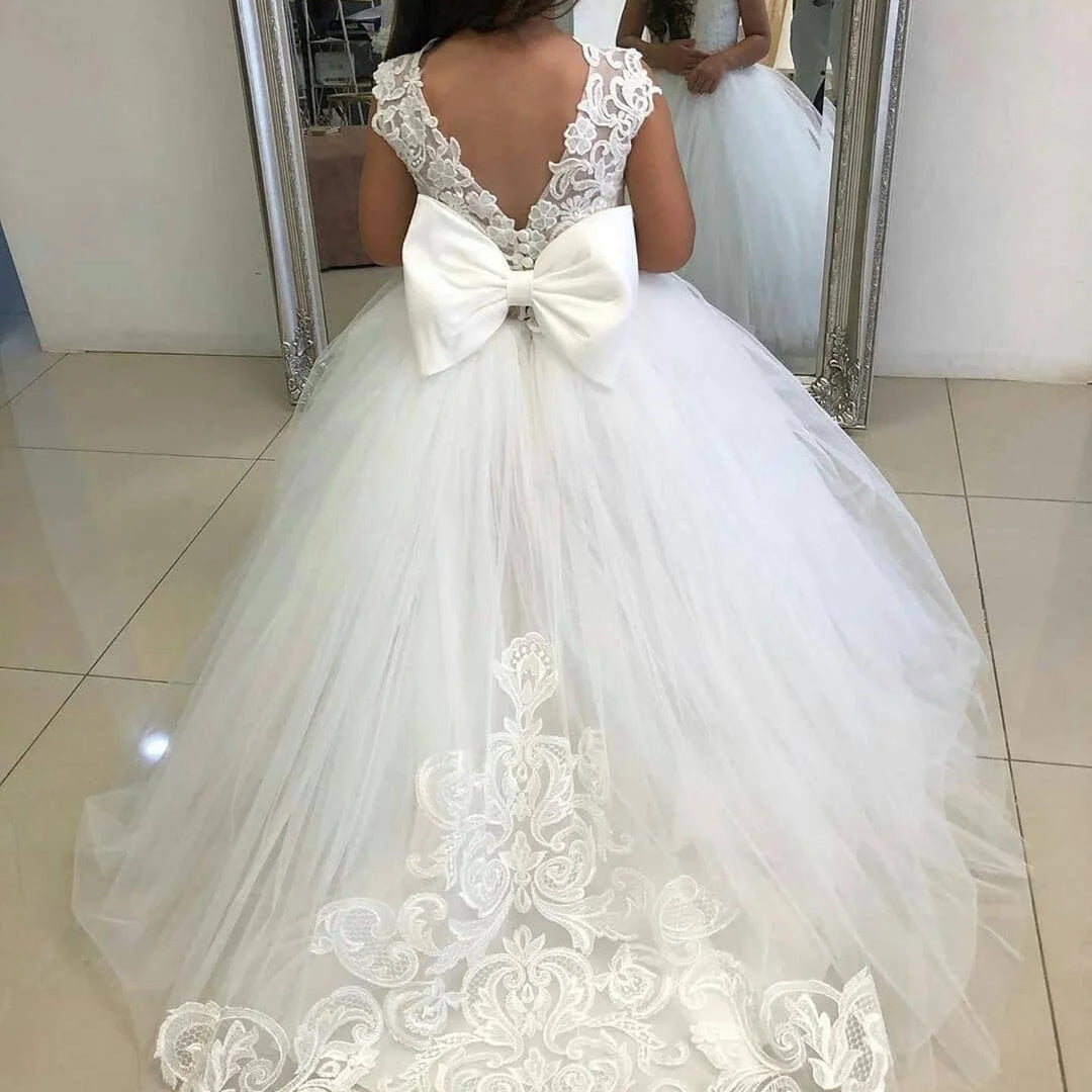 2-14 Years Lace Tulle Flower Girls Dress Princess for Kid Child Wedding Party Junior bridesmaid Maxi Ball Gown Evening Ivory MC2223