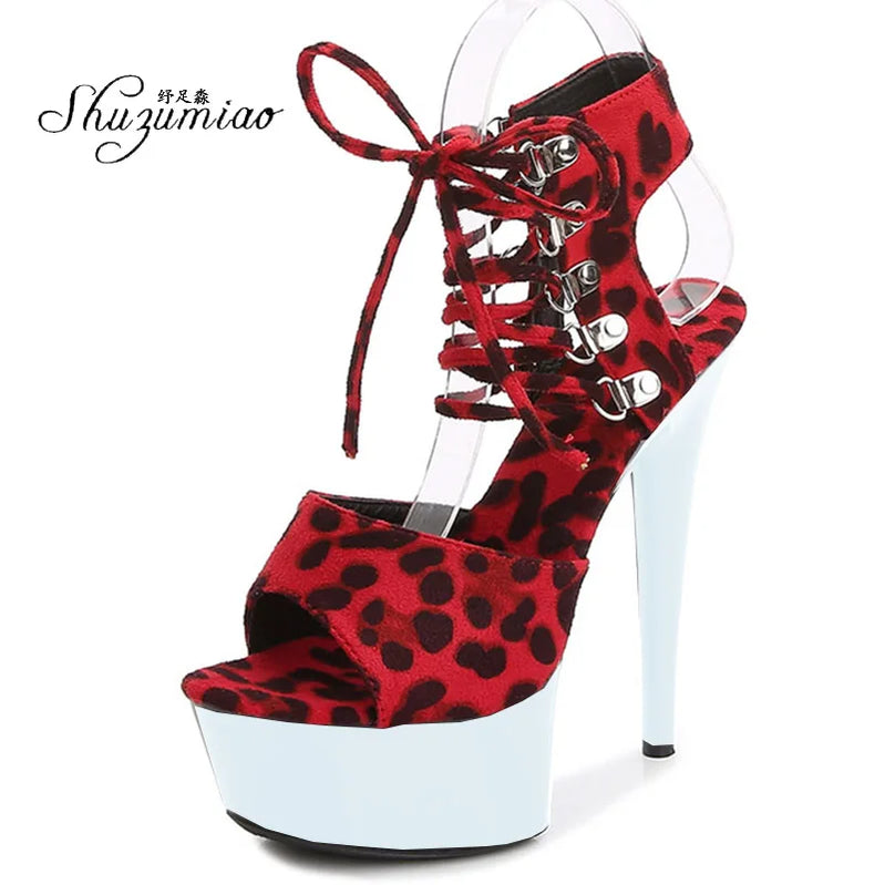 Fashion Shoes Women Stripper Shoes Platform Sandals Girls Leopard Clear High Heels Shoes Strap Sandal Femmes Sandales