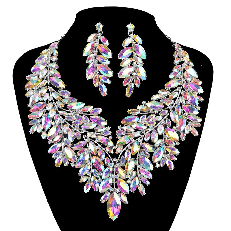 Luxurious Dubai Style Wedding Earring Sets Rhinestone AB Crystal Statement Bridal Necklace Christmas Prom Gift For Women Jewelry Default Title
