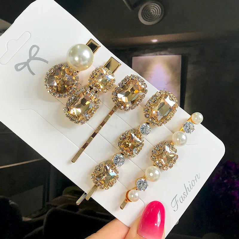 Set Women Hair Clips Jewelry Fashion Crystal Hair Accessories For Girls Luxury Pearl Geometric Barrettes Pins Christmas Gift 5pcs-champagne