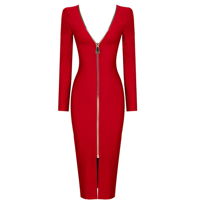 5 Colors Winter Style 2021 Sexy Long Sleeve Backless Zipper Midi Red Bodycon Bandage Dress Fashion Evening Party Dress Vestido