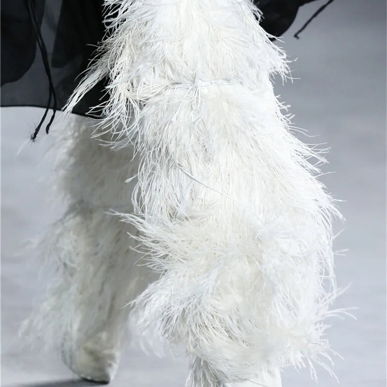 Feather Women's High Boots Suede Cross-tied Pointed Toe Party High Heel Shoes Sexy Ostrich Feather Women's Over The Knee Boots