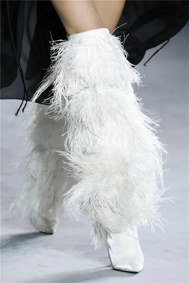 Feather Women's High Boots Suede Cross-tied Pointed Toe Party High Heel Shoes Sexy Ostrich Feather Women's Over The Knee Boots