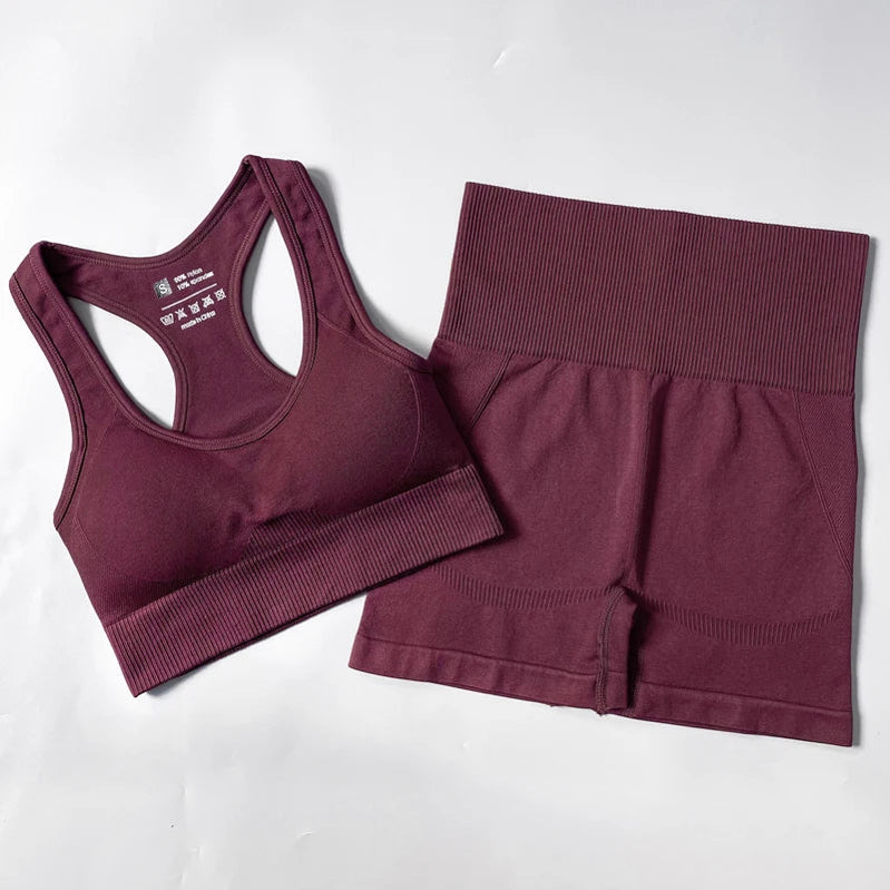 2/3/4PCS Seamless Women Yoga Set Workout Sportswear Gym Clothes Fitness Long Sleeve Crop Top High Waist Leggings Sports Suit Bra shorts PurpleRed