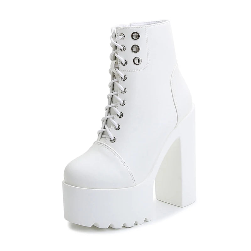 Womens Comfy Booties Platform Stage Performance Shoes High Heels White Black Chunky Heel Cosplay Shoes For Lady Zipper White