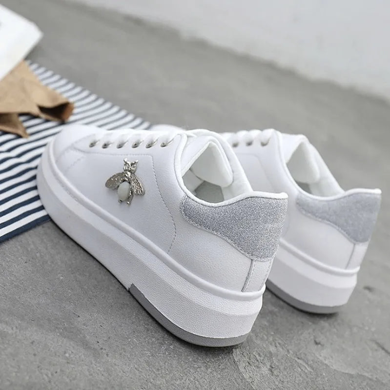 Women Casual Shoes Sneakers Fashion Breathable PU Leather Platform White Women Shoes Soft Footwears Rhinestone silvery