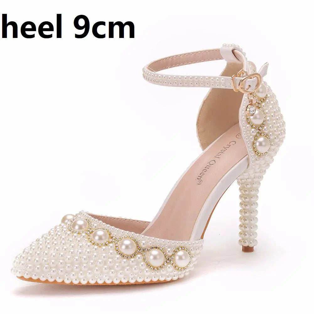 Crystal Queen Women Summer White Pearl Diamond Wedding Shoes High Heels Bride Dress Stiletto Show Party Sandals Pieces Buckles Beige