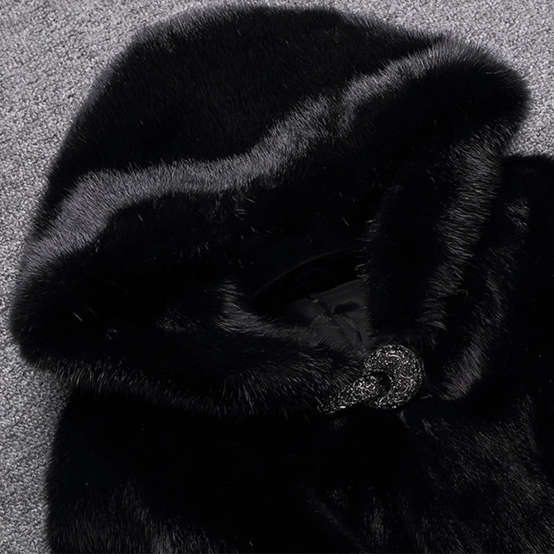 Winter Black Warm Thick Hairy Soft Faux Mink Fur Coat Women with Hood Elegant Luxury Fluffy Jacket 2022 4xl 5xl 6xl 7xl
