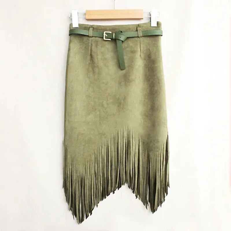 Multi Color Suede Sexy Midi Pencil Skirt Women Fashion High Waist Office Lady Bodycon Tassel Skirts With Belt