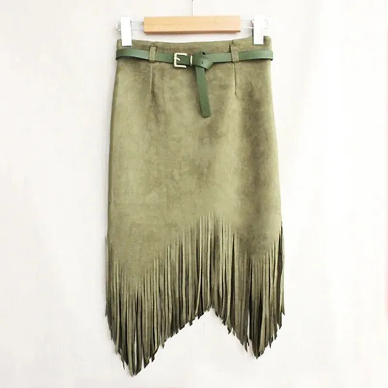 Multi Color Suede Sexy Midi Pencil Skirt Women Fashion High Waist Office Lady Bodycon Tassel Skirts With Belt