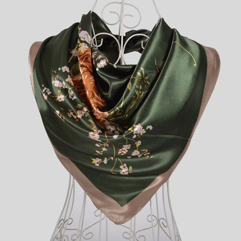 Ladies Green Coffee Square Scarves Printed Women Elegant Satin Large Silk Scarf Shawl 90*90cm Winter Neck Head Scarf army green peony