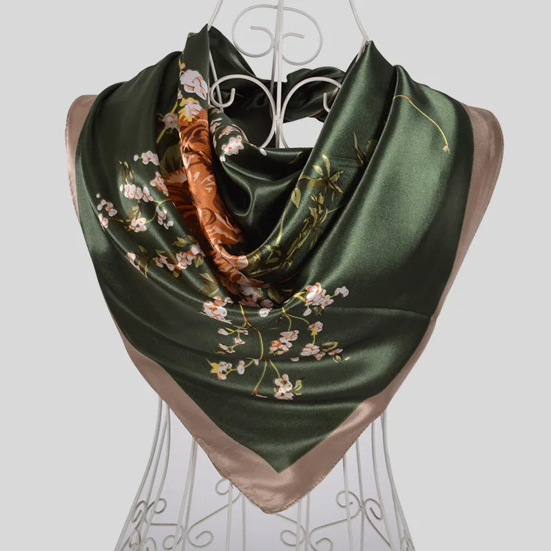 Ladies Green Coffee Square Scarves Printed Women Elegant Satin Large Silk Scarf Shawl 90*90cm Winter Neck Head Scarf army green peony