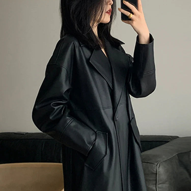 Lautaro-Long Black Leather Trench Coat for Women, Oversized Sashes, Single Button, Loose Stylish, Korean Fashion, Spring