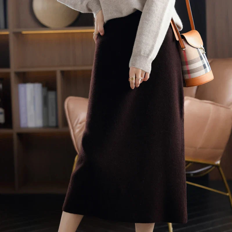 Autumn Winter New 100%Pure Wool Knit Long Skirt Women Casual Thick Korean High Waist Pack Hip Cashmere Wild A-Line Skirt
