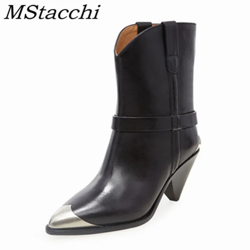 Metal Toe Women's Knight Boots Elegant Genuine Suede Leather Short Boots Ladies Strange Heel Shoes Women Slip-on Mid-calf Boots