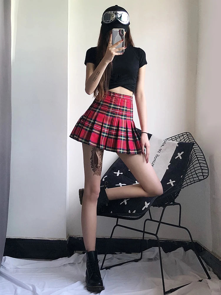 Vintage Red Plaid Pleated Skirt Women Y2k Mini High Waist Kawaii Skirt Female Summer College Style Tennis Short Skirts